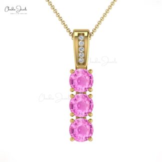 Solid 14k Gold 3 Stone Pendant With 4mm Pink Sapphire And G-H Diamond Fine Jewelry