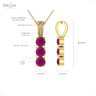 Genuine Round Cut Ruby & Diamond Trilogy Pendant 14k Solid Gold Jewelry For Wedding Gift