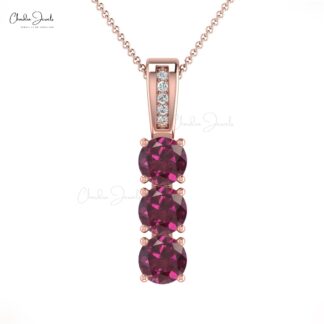 Real 14k Gold Trio Gemstone Pendant In 1.05Ct Rhodolite Garnet And Pave Diamond Pendant