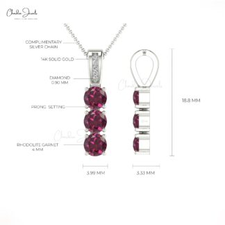 Real 14k Gold Trio Gemstone Pendant In 1.05Ct Rhodolite Garnet And Pave Diamond Pendant