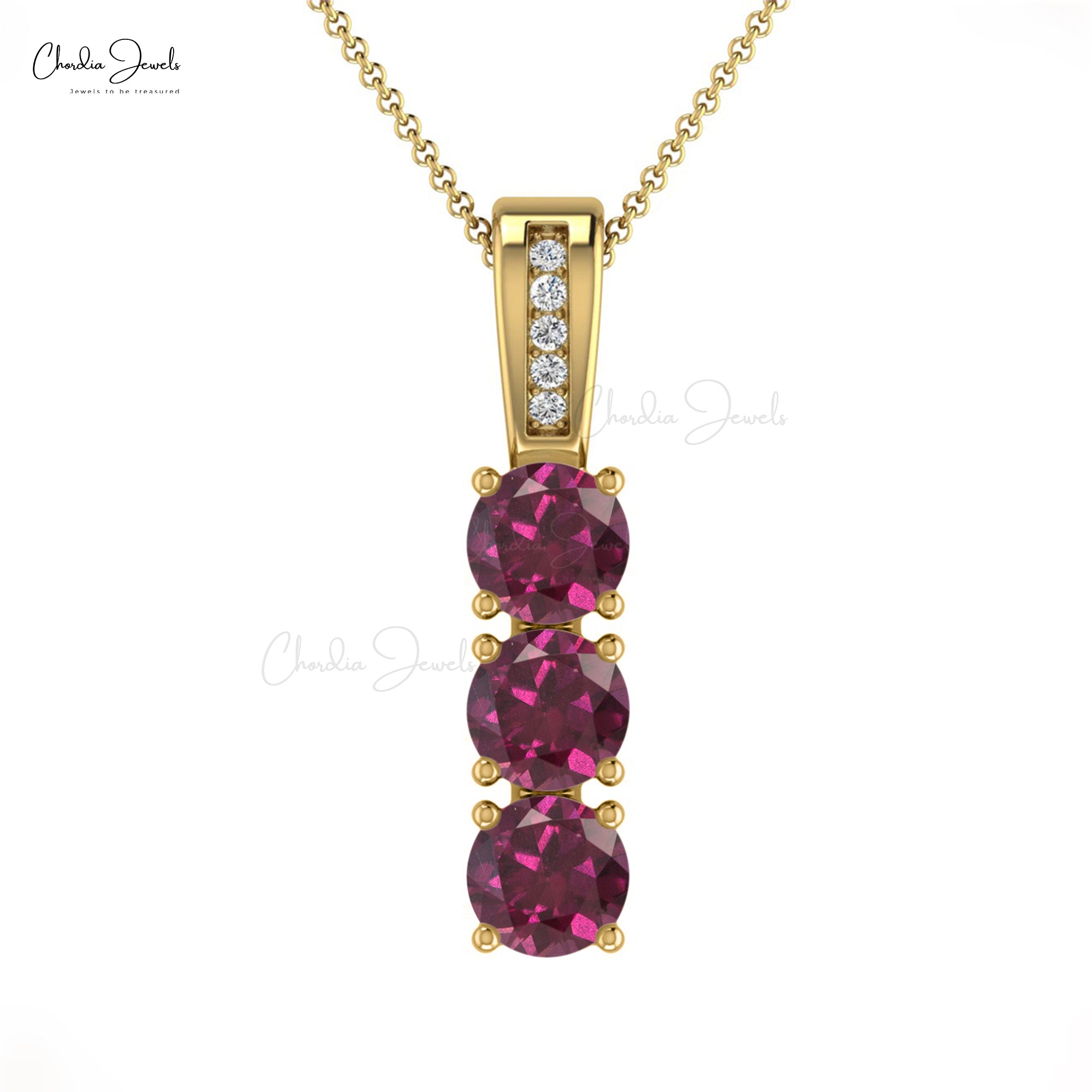 Real 14k Gold Trio Gemstone Pendant In 1.05Ct Rhodolite Garnet And Pave Diamond Pendant