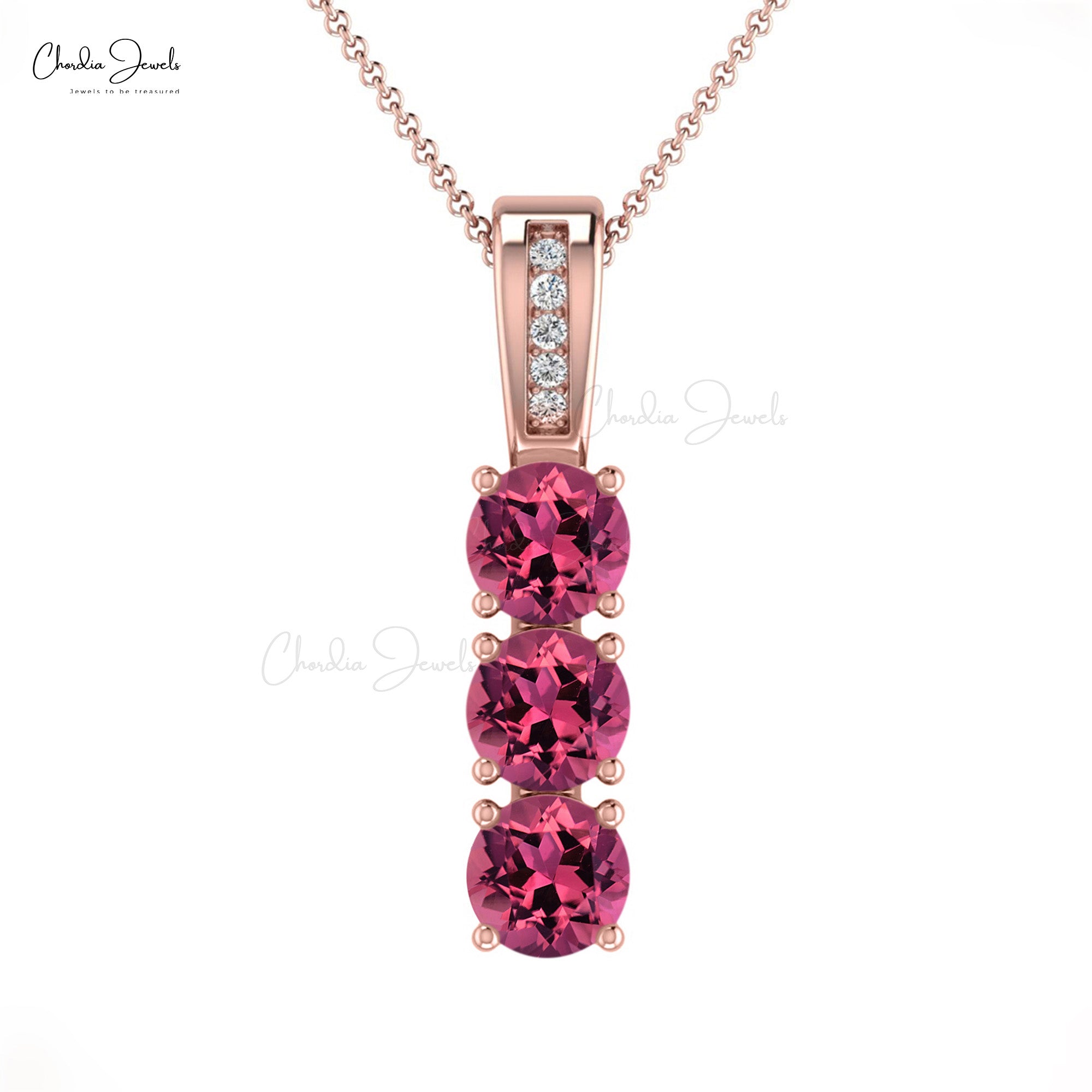 Eight Stone Bar Pendant in Solid 14k Gold Pink Tourmaline & Pave Diamond Women Necklace