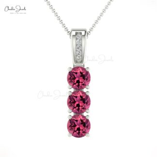 Eight Stone Bar Pendant in Solid 14k Gold Pink Tourmaline & Pave Diamond Women Necklace