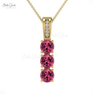 Eight Stone Bar Pendant in Solid 14k Gold Pink Tourmaline & Pave Diamond Women Necklace