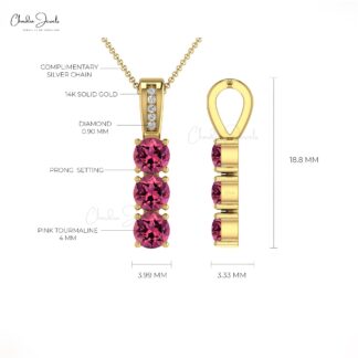 Eight Stone Bar Pendant in Solid 14k Gold Pink Tourmaline & Pave Diamond Women Necklace