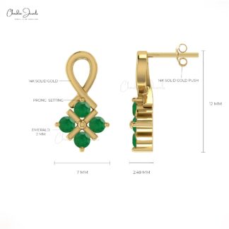 Twisted Round Cut Studs In 14k Real Gold Zambian Emerald 2mm Gemstone Earrings For Her