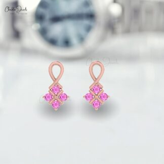 Solid 14k Gold Twisted Studs Earrings With 2mm Pink Sapphire Push Back Dainty Studs