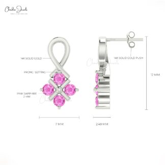 Solid 14k Gold Twisted Studs Earrings With 2mm Pink Sapphire Push Back Dainty Studs