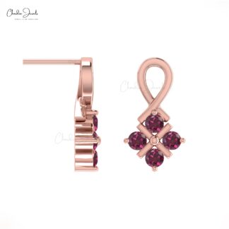 Dainty Cluster Earring with 2mm Rhodolite Garnet 4 Stone Twisted Studs In 14k Real Gold