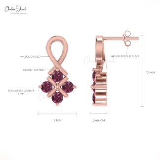 Dainty Cluster Earring with 2mm Rhodolite Garnet 4 Stone Twisted Studs In 14k Real Gold