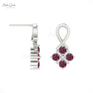 Dainty Cluster Earring with 2mm Rhodolite Garnet 4 Stone Twisted Studs In 14k Real Gold