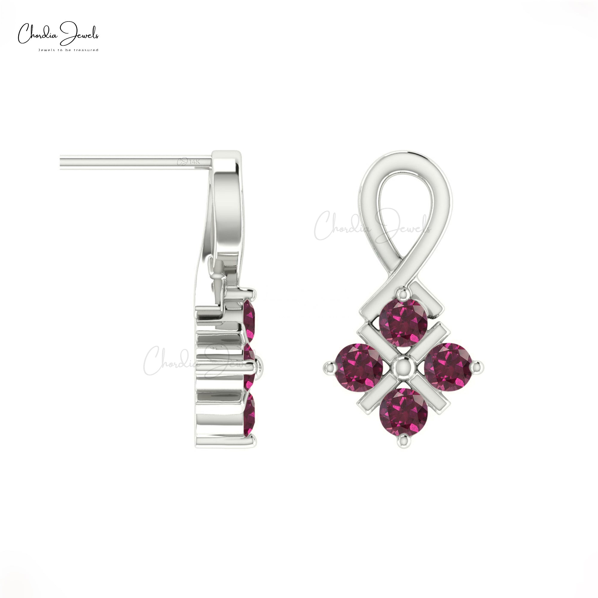 Dainty Cluster Earring with 2mm Rhodolite Garnet 4 Stone Twisted Studs In 14k Real Gold
