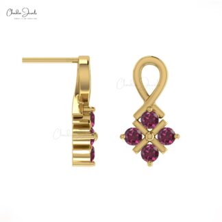 Dainty Cluster Earring with 2mm Rhodolite Garnet 4 Stone Twisted Studs In 14k Real Gold
