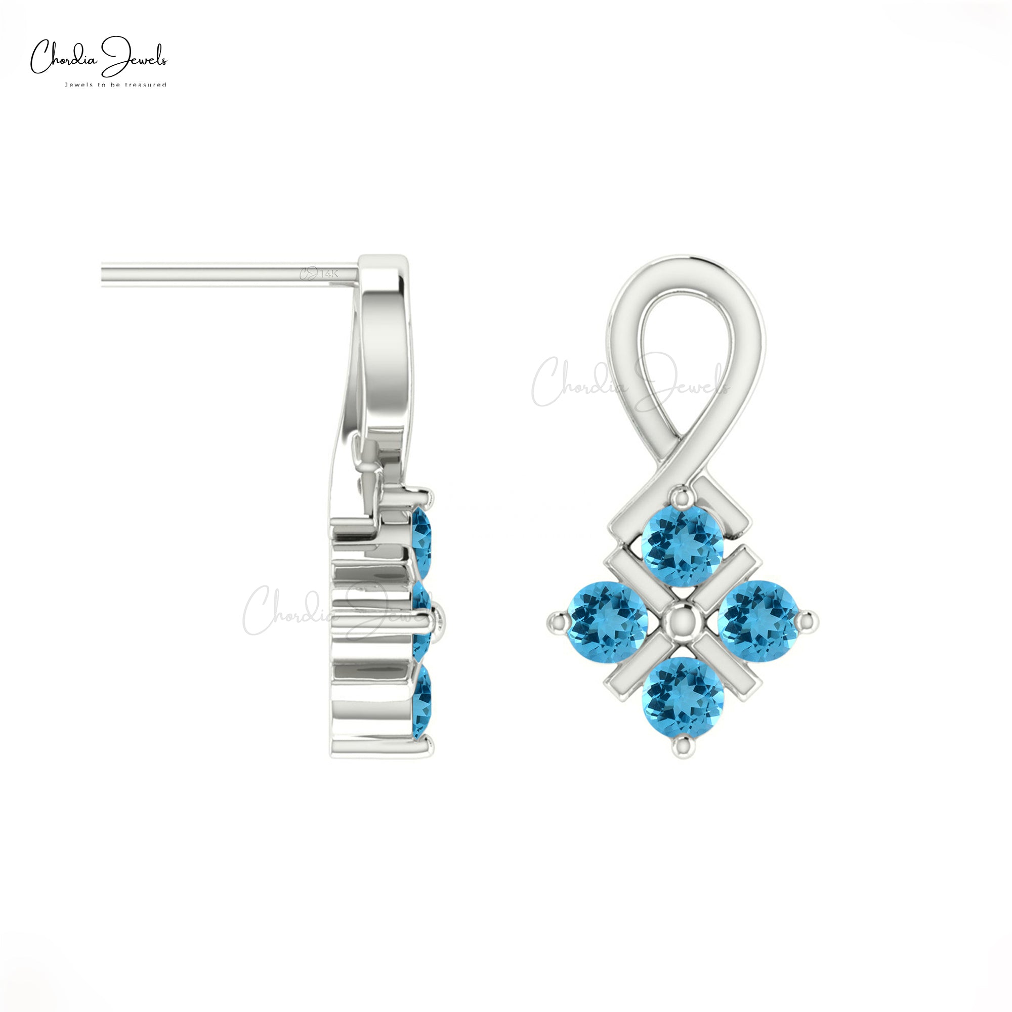 Channel Set Twisted Studs In Solid 14k Gold Swiss Blue Topaz Push Back Bridal Earrings