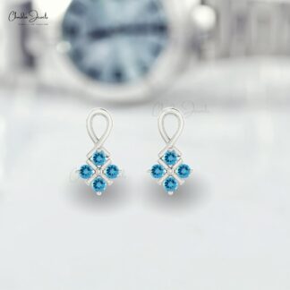 Channel Set Twisted Studs In Solid 14k Gold Swiss Blue Topaz Push Back Bridal Earrings