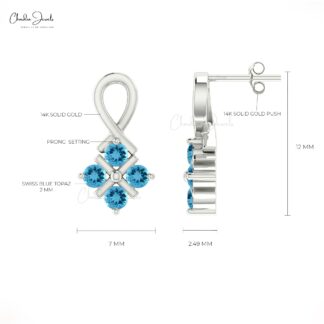 Channel Set Twisted Studs In Solid 14k Gold Swiss Blue Topaz Push Back Bridal Earrings