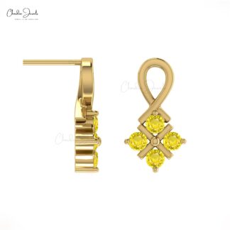 Cluster Four Stone Studs In 14k Solid Gold Yellow Sapphire Twisted Minimalist Earrings