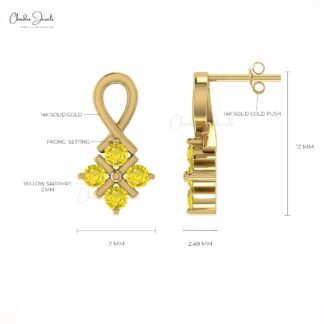 Cluster Four Stone Studs In 14k Solid Gold Yellow Sapphire Twisted Minimalist Earrings