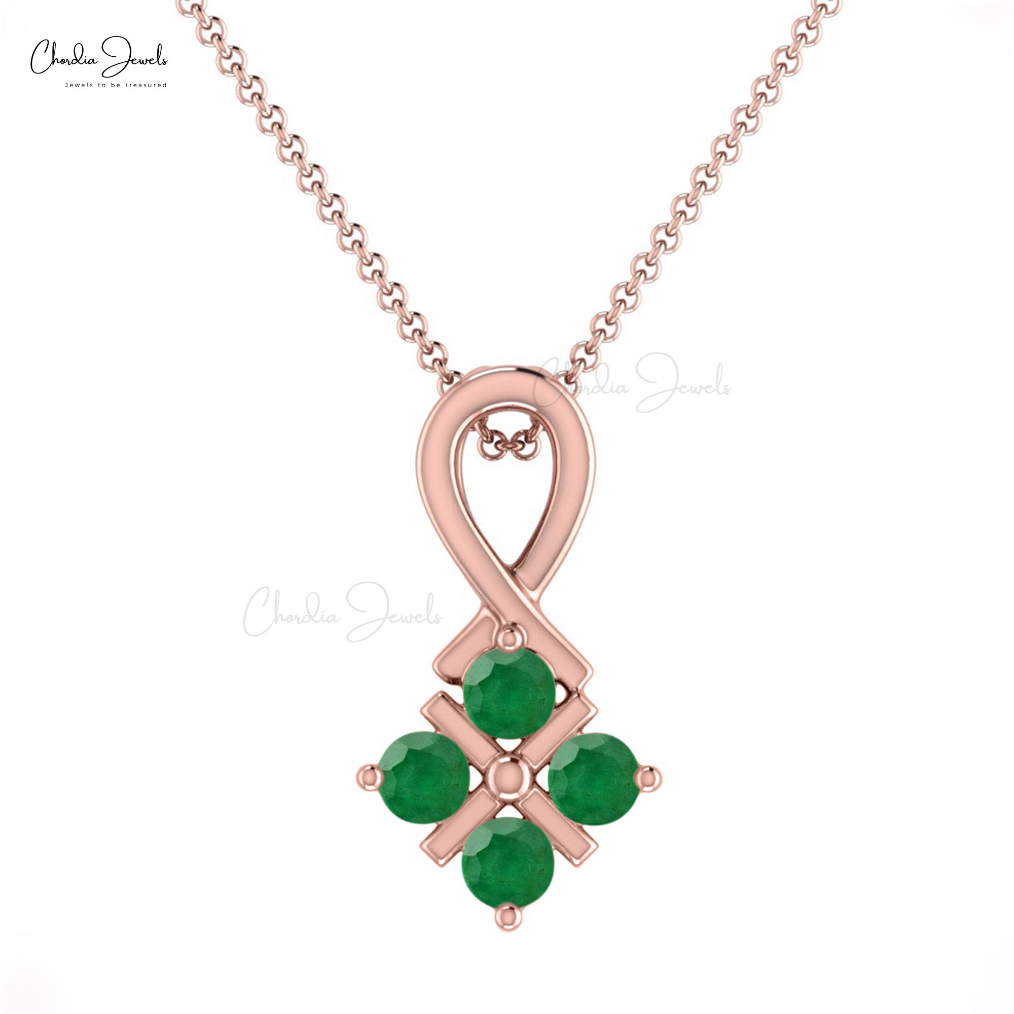 Four Gemstone Pendant In Pure 14k Gold Zambian Emerald Twisted Necklace For Her