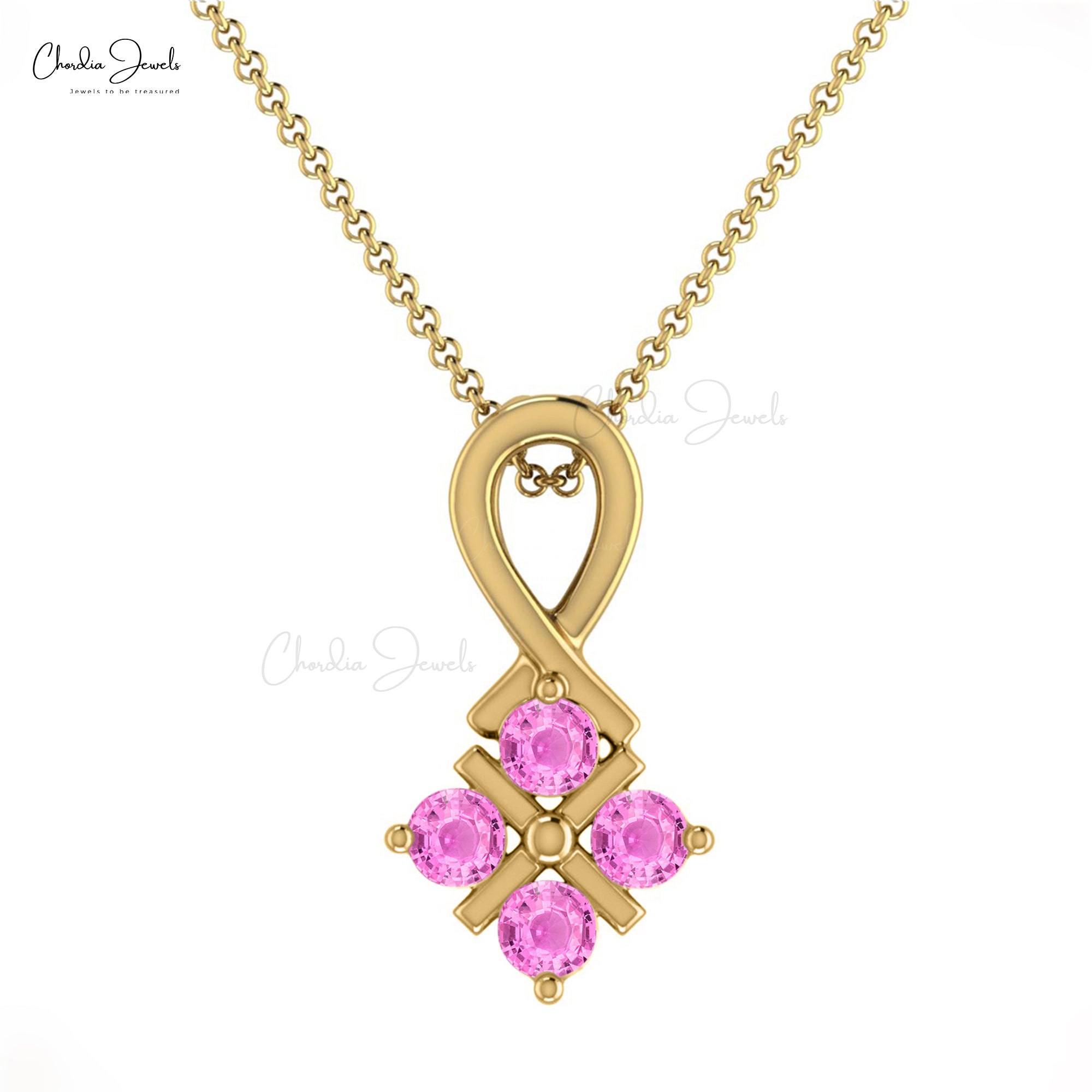 Channel Set Cluster Pendant In 14k Real Gold Pink Sapphire 2mm Gemstone Twisted Pendants