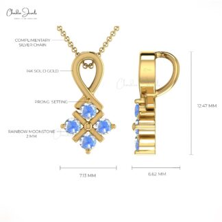 Twisted Handmade Pendant In 14k Real Gold Rainbow Moonstone Cluster Women Necklaces