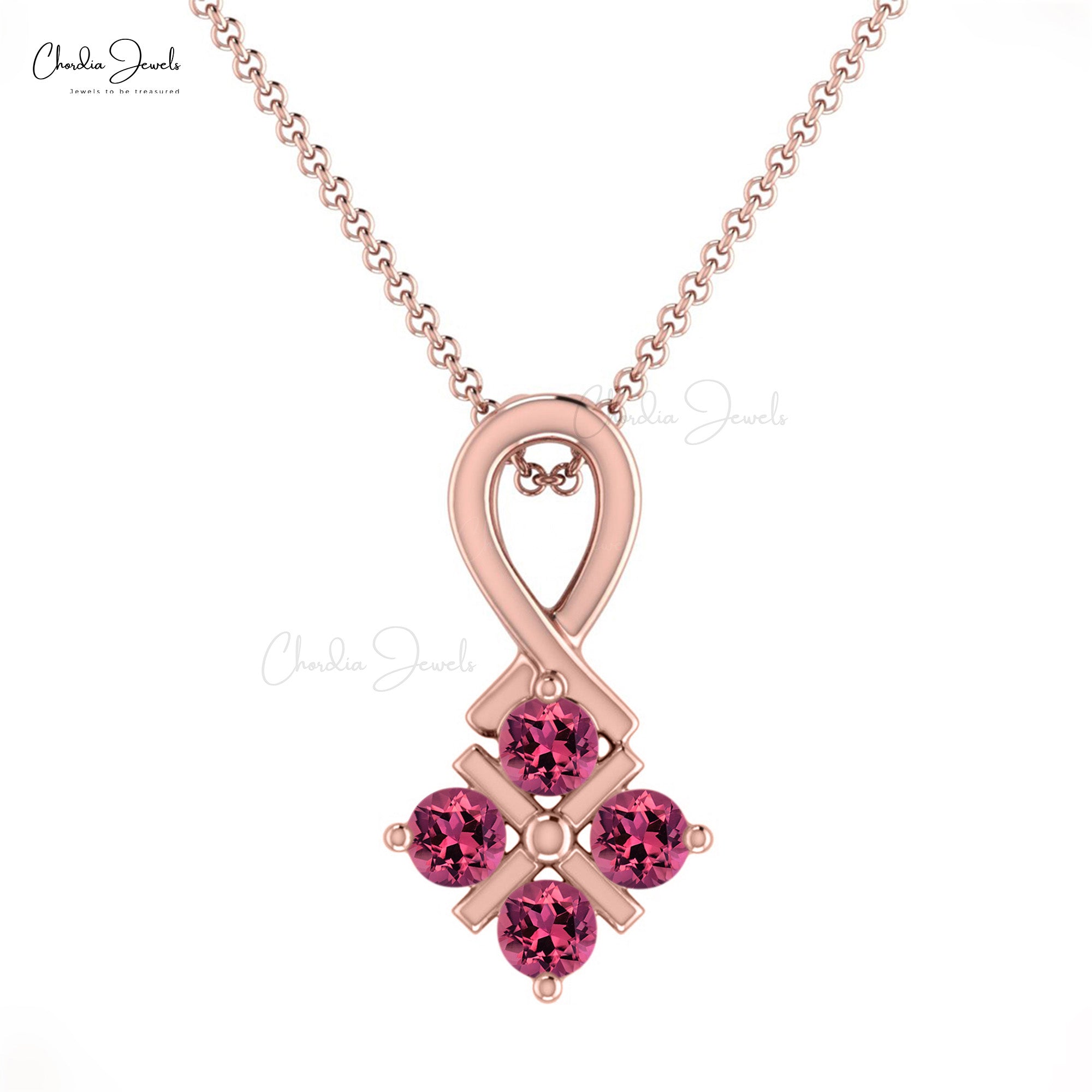Dainty Four Stone Pendant In Pure 14k Gold Pink Tourmaline Handmade Twisted Pendants