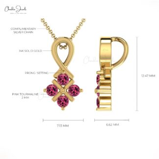 Dainty Four Stone Pendant In Pure 14k Gold Pink Tourmaline Handmade Twisted Pendants