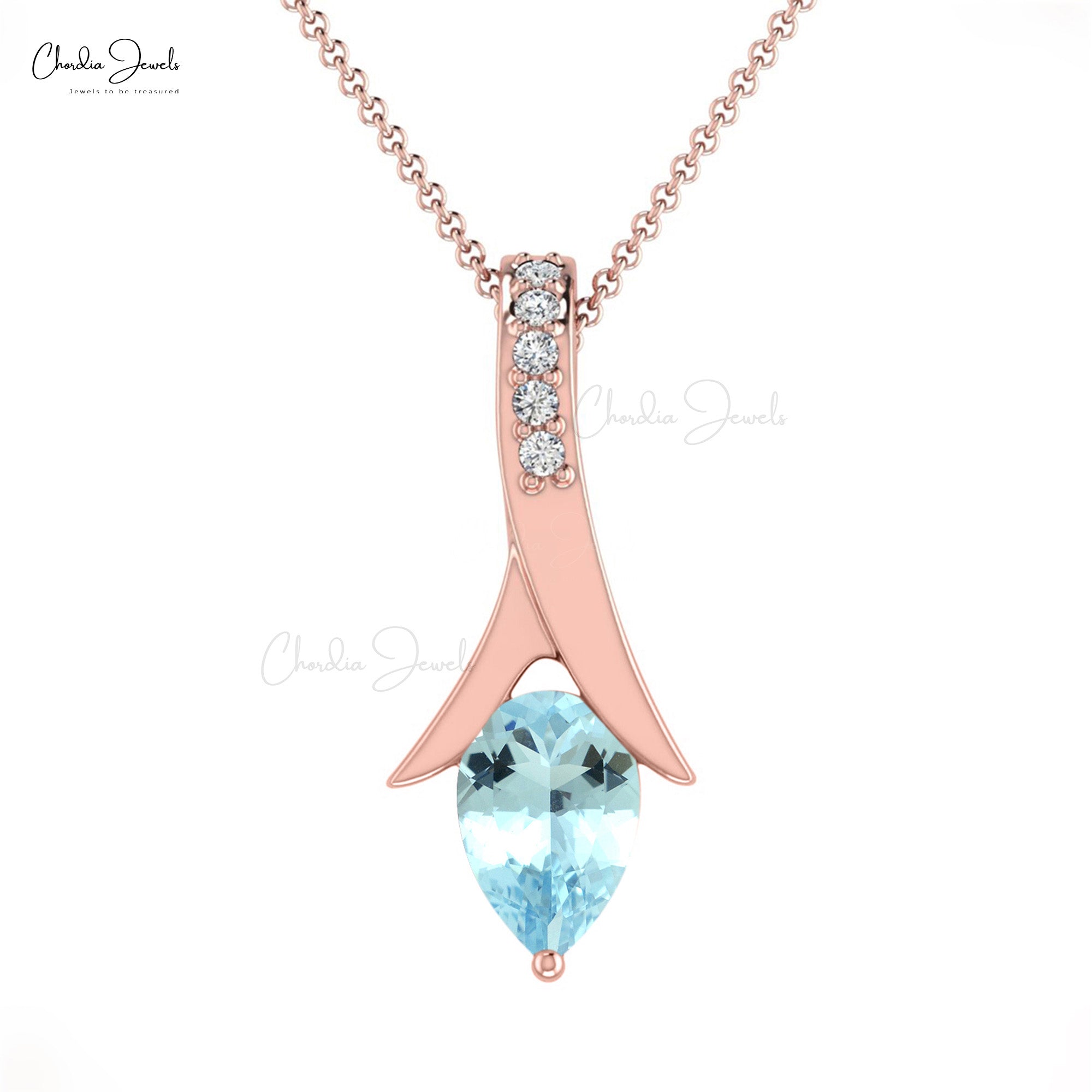 Pear Drop Diamond Pendant In Solid 14k Gold Aquamarine 0.35 Ct Gemstone Necklace