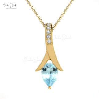 Pear Drop Diamond Pendant In Solid 14k Gold Aquamarine 0.35 Ct Gemstone Necklace