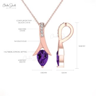 Pear Gemstone Pendant With 6x4mm Amethyst Diamond Accents In 14k Real Gold Pendants