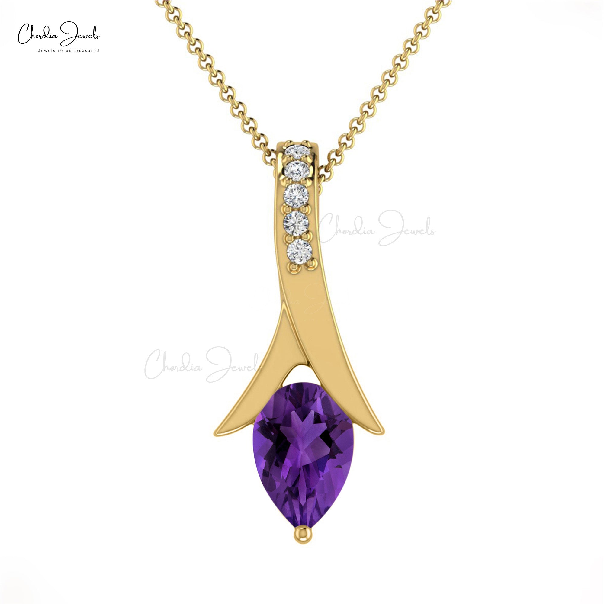 Pear Gemstone Pendant With 6x4mm Amethyst Diamond Accents In 14k Real Gold Pendants