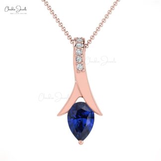 Pear Drop Pendant in 14k Solid Gold Blue Sapphire And Pave Diamond Necklace For Mom