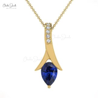 Pear Drop Pendant in 14k Solid Gold Blue Sapphire And Pave Diamond Necklace For Mom