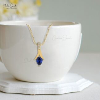 Pear Drop Pendant in 14k Solid Gold Blue Sapphire And Pave Diamond Necklace For Mom