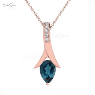 Pure 14k Gold Diamond Pendant With 6x4mm London Blue Topaz Drop Wedding Necklace