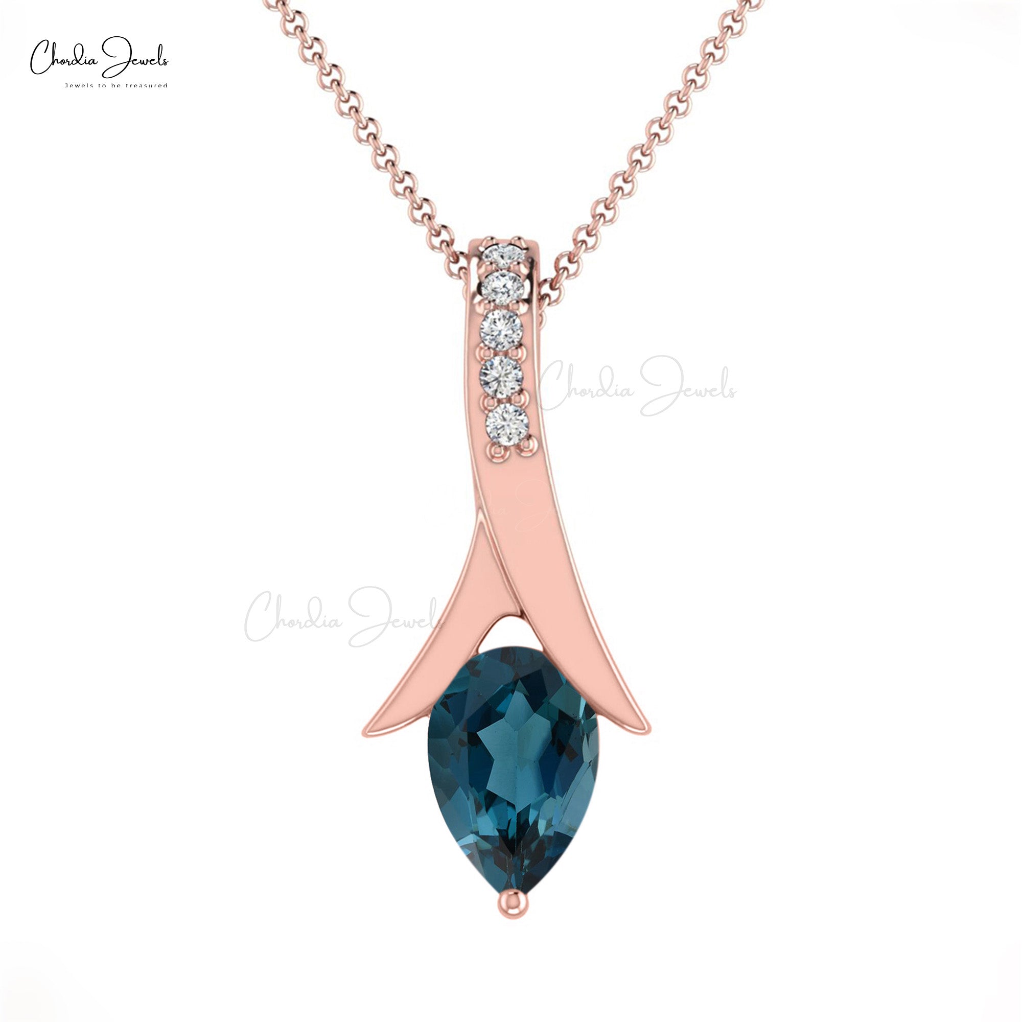 Pure 14k Gold Diamond Pendant With 6x4mm London Blue Topaz Drop Wedding Necklace
