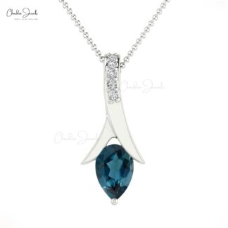 Pure 14k Gold Diamond Pendant With 6x4mm London Blue Topaz Drop Wedding Necklace