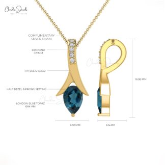 Pure 14k Gold Diamond Pendant With 6x4mm London Blue Topaz Drop Wedding Necklace