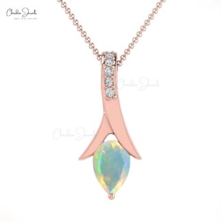 Solid 14k Gold Drop Pendant With 6x4mm Fire Opal And Diamond October Birthstone Pendants