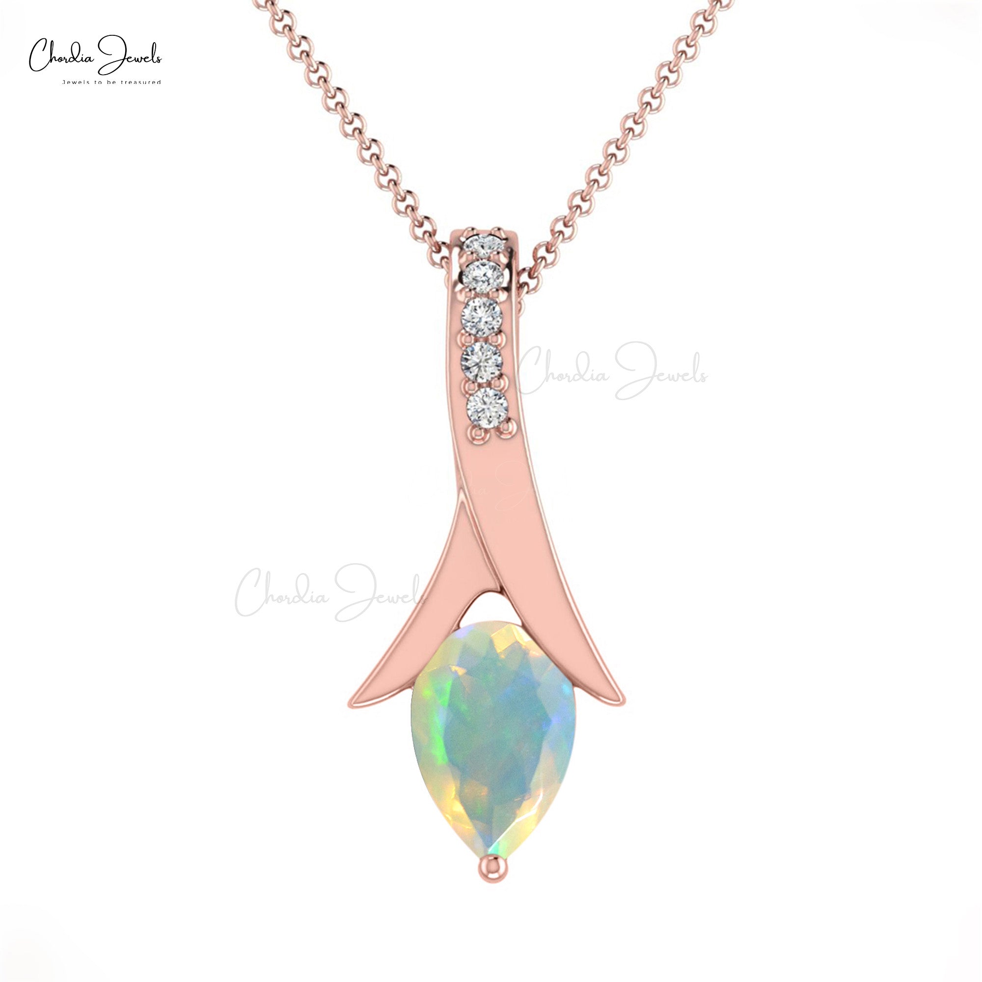 Solid 14k Gold Drop Pendant With 6x4mm Fire Opal And Diamond October Birthstone Pendants