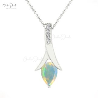 Solid 14k Gold Drop Pendant With 6x4mm Fire Opal And Diamond October Birthstone Pendants