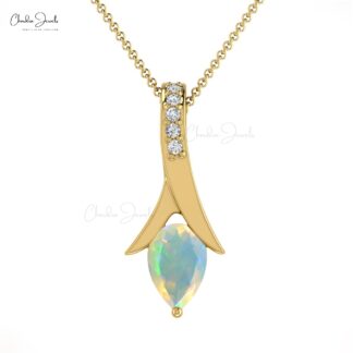 Solid 14k Gold Drop Pendant With 6x4mm Fire Opal And Diamond October Birthstone Pendants