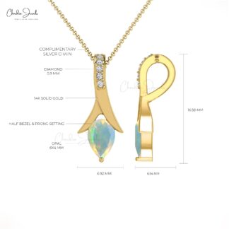 Solid 14k Gold Drop Pendant With 6x4mm Fire Opal And Diamond October Birthstone Pendants