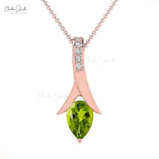 Dual Birthstone Drop Pendant With 6x4mm Peridot And Diamond Necklace In 14k Real Gold