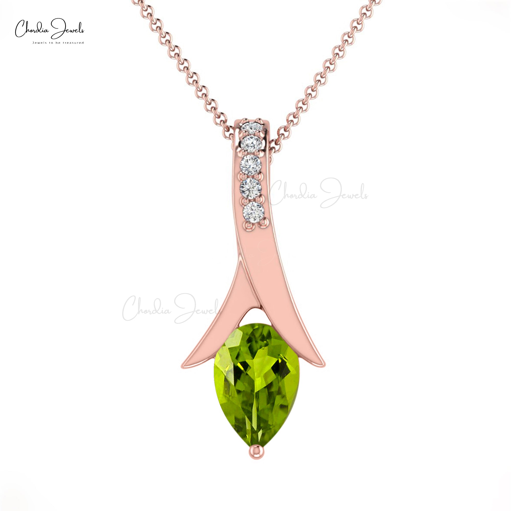 Dual Birthstone Drop Pendant With 6x4mm Peridot And Diamond Necklace In 14k Real Gold