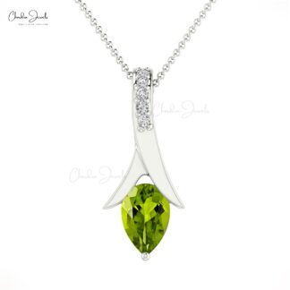 Dual Birthstone Drop Pendant With 6x4mm Peridot And Diamond Necklace In 14k Real Gold