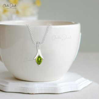 Dual Birthstone Drop Pendant With 6x4mm Peridot And Diamond Necklace In 14k Real Gold
