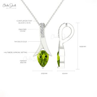 Dual Birthstone Drop Pendant With 6x4mm Peridot And Diamond Necklace In 14k Real Gold