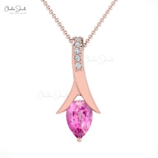 Dainty Diamond Pendant In Real 14k Gold Pink Sapphire 6x4mm Gemstone Drop Necklace