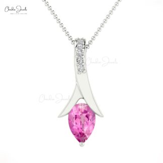 Dainty Diamond Pendant In Real 14k Gold Pink Sapphire 6x4mm Gemstone Drop Necklace